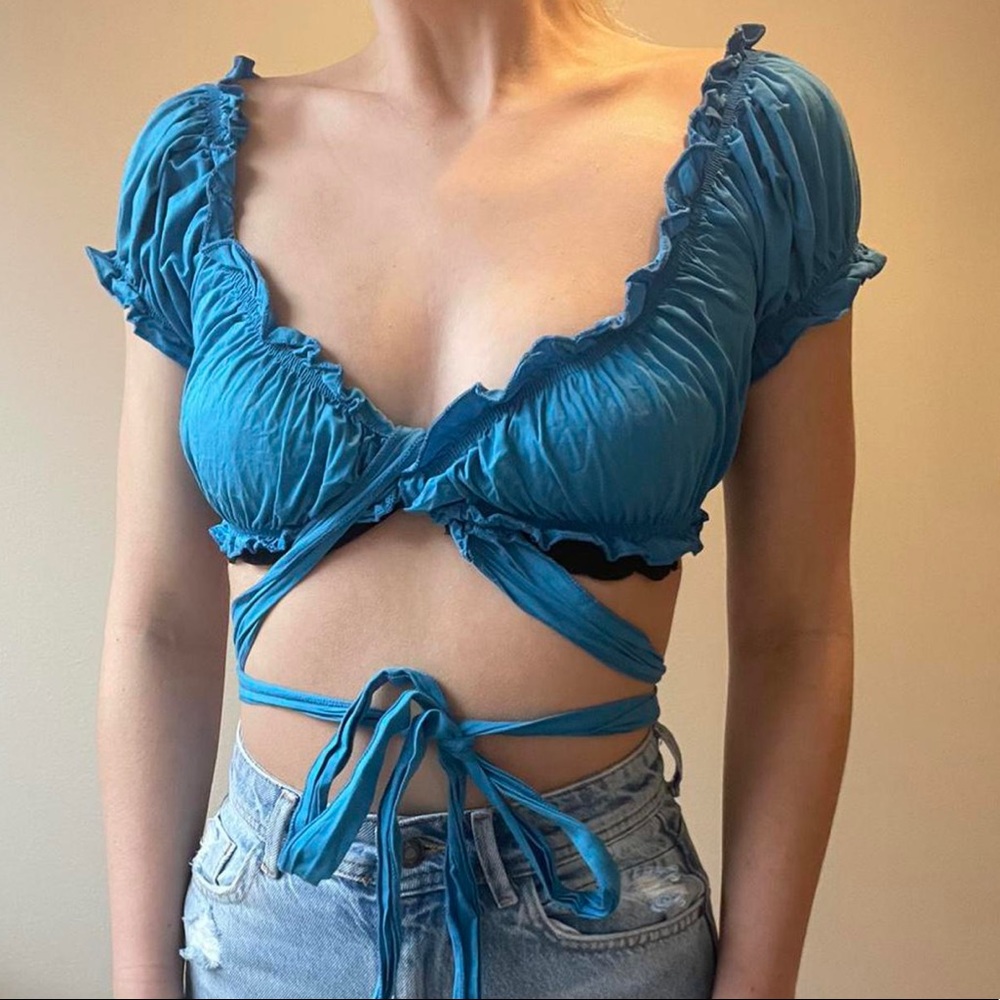 Blue self tie top